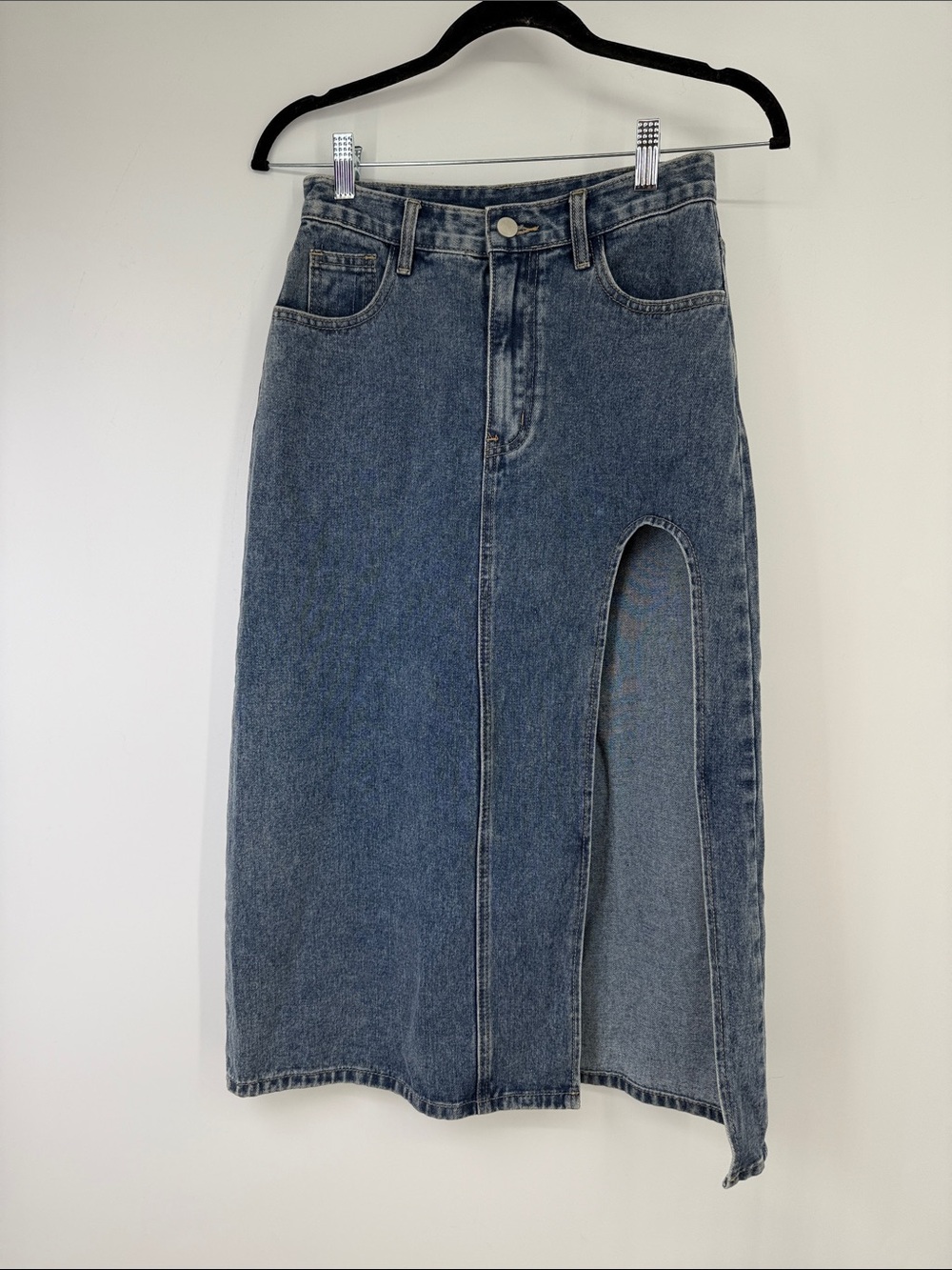 Cider Blue Denim Midi Skirt with High Front Slit XS